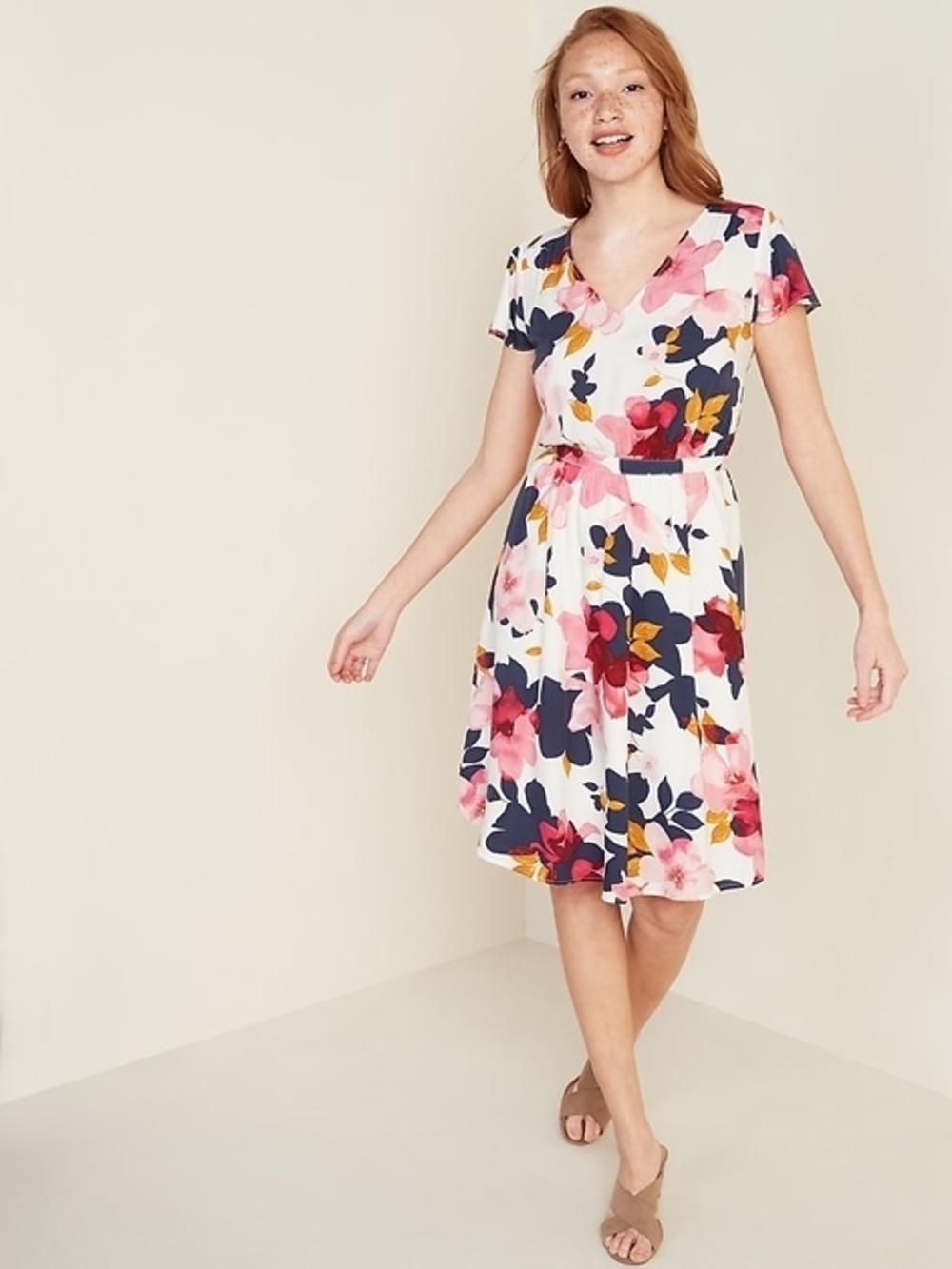 Old Navy Floral V-Neck Midi Dress in White, Pink, Navy & Gold